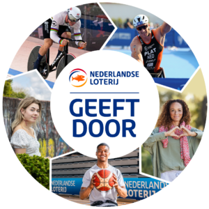 Cirkelvorming afbeelding met vijf foto's van sporters, met in het midden de tekst "Nederlandse Loterij geeft door".