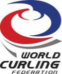 Logo van de Wereld Curling Federatie in blauw, rood en grijs.